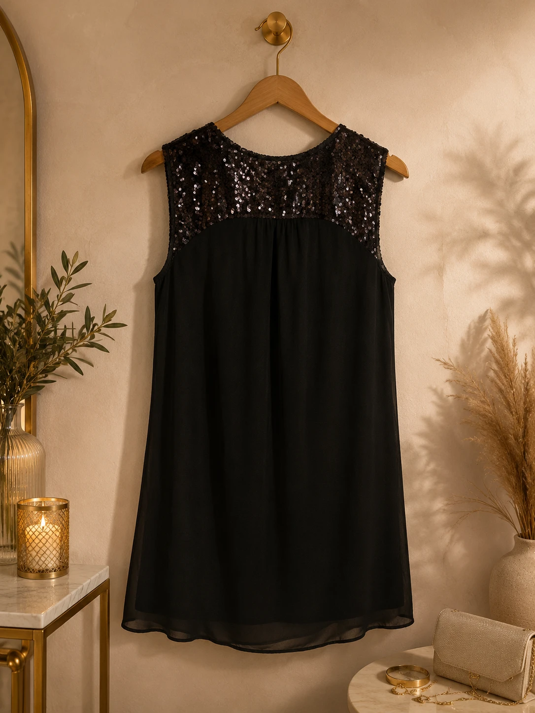 Vestido preto de festa de verão fluido com paetês – chique, elegante – photo 4